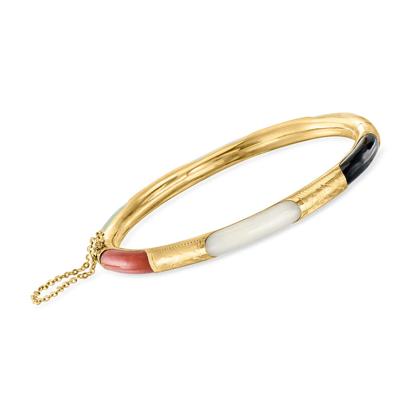 C. 1950 Vintage Multicolored Jade Station Bangle Bracelet in 14kt Yellow Gold. 7" image number 2
