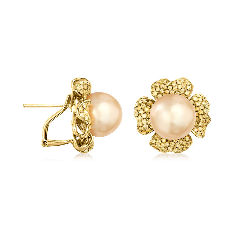 10-12mm Golden Cultured South Sea Pearl Earrings with 1.65 ct. t.w. Yellow Diamonds in 18kt Yellow Gold  image number 2