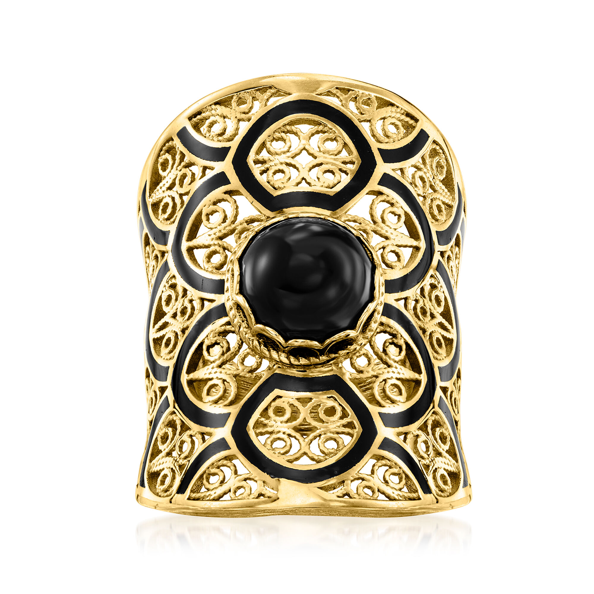 Onyx and Black Enamel Filigree Ring in 18kt Gold Over Sterling