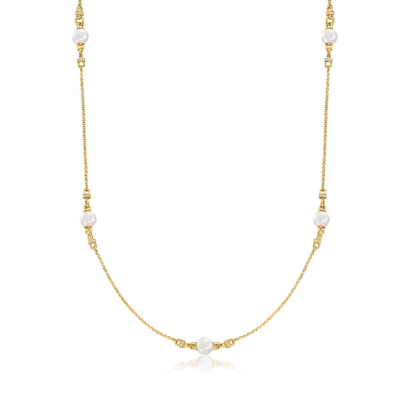 Charles Garnier &quot;Venus&quot; 8-8.5mm Cultured Pearl and .40 ct. t.w. CZ Station Necklace in 18kt Gold Over Sterling. 24&quot; image number 1