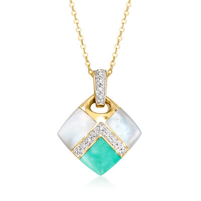 C. 1990 Vintage Asch Grossbardt Mother-of-Pearl and Turquoise Inlay Pendant Necklace with Diamonds in 14kt Yellow Gold