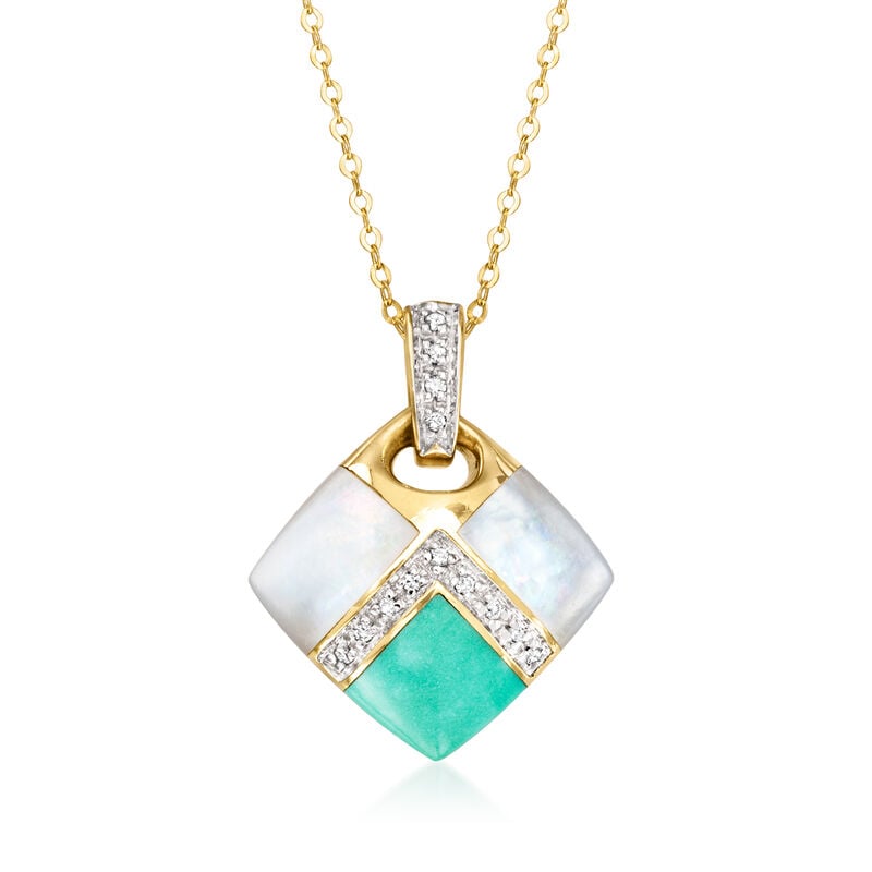 C. 1990 Vintage Asch Grossbardt Mother-of-Pearl and Turquoise Inlay Pendant Necklace with Diamonds in 14kt Yellow Gold. 18" image number 0