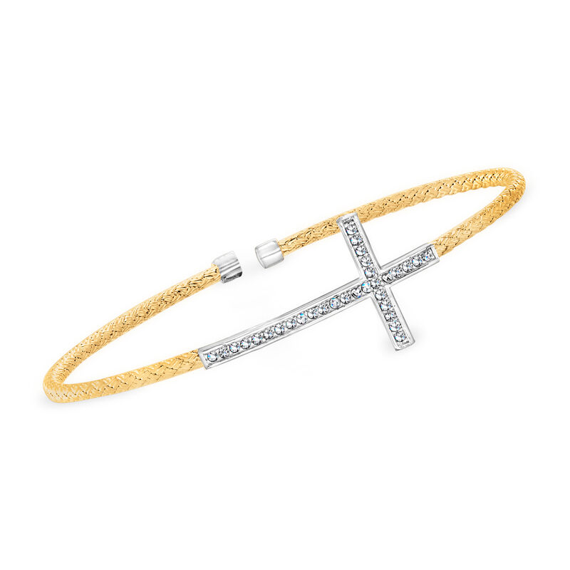 Charles Garnier .28 ct. t.w. CZ Cross Mesh Cuff Bracelet in Two-Tone Sterling Silver. 7.5&quot; image number 0