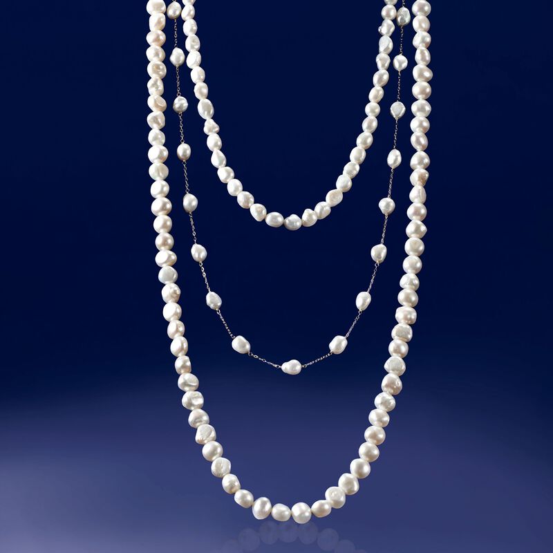 7-10mm Cultured Semi-Baroque Pearl Jewelry Set: Three Endless Necklaces with 14kt Yellow Gold. 24-36&quot; image number 2