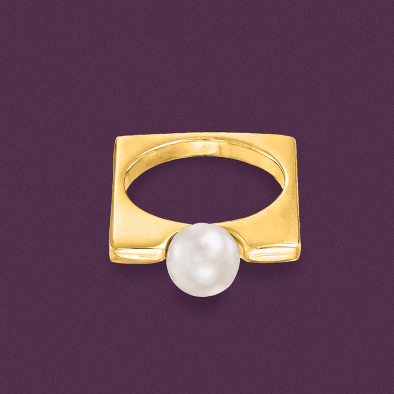 Italian 8mm Cultured Pearl Square Ring in 22kt Gold Over Sterling image number 4