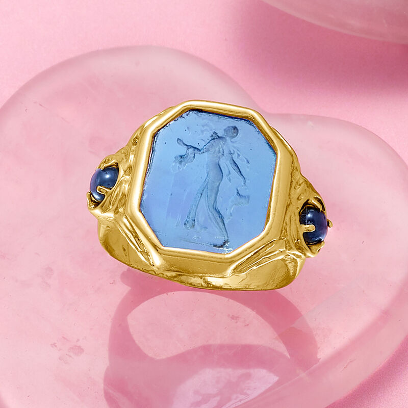 Italian Tagliamonte Blue Venetian Glass Intaglio and .90 ct. t.w. Sapphire Ring in 18kt Gold Over Sterling image number 3