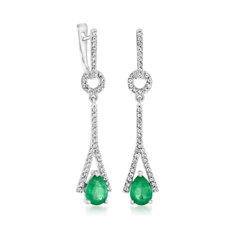 1.00 ct. t.w. Emerald and .40 ct. t.w. White Topaz Drop Earrings in Sterling Silver image number 2