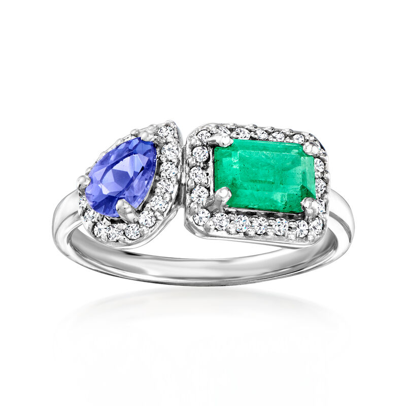 .60 Carat Emerald and .40 Carat Tanzanite Toi et Moi Ring with .20 ct. t.w. Diamonds in 14kt White Gold image number 0