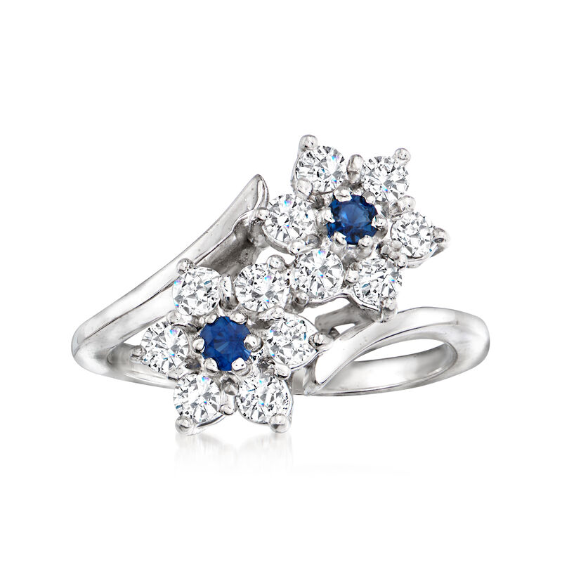 C. 1990 Vintage .85 ct. t.w. Diamond and .20 ct. t.w. Sapphire Flower Bypass Ring in 14kt White Gold image number 0