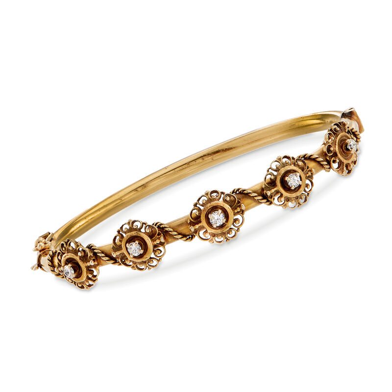 C. 1950 Vintage .30 ct. t.w. Diamond Floral Bangle Bracelet in 14kt Yellow Gold. 7&quot; image number 0