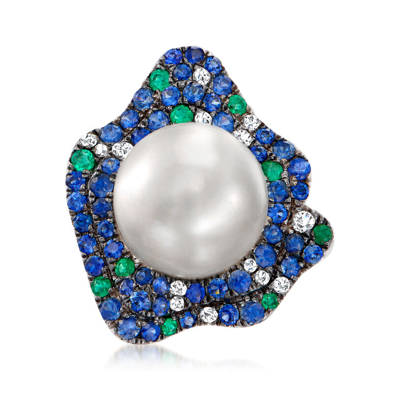 13-14mm Cultured South Sea Pearl Ring with 2.10 ct. t.w. Multi-Gemstones and .21 ct. t.w. Diamonds in 18kt White Gold. Size 6.5 image number 0