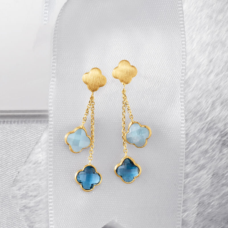 Italian 1.90 ct. t.w. London Blue Topaz and 1.40 ct. t.w. Aquamarine Flower Drop Earrings in 14kt Yellow Gold image number 3