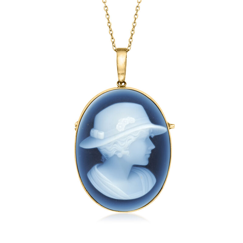C. 1980 Vintage Black Agate Cameo Pin/Pendant Necklace in 18kt Yellow Gold. 18&quot; image number 0