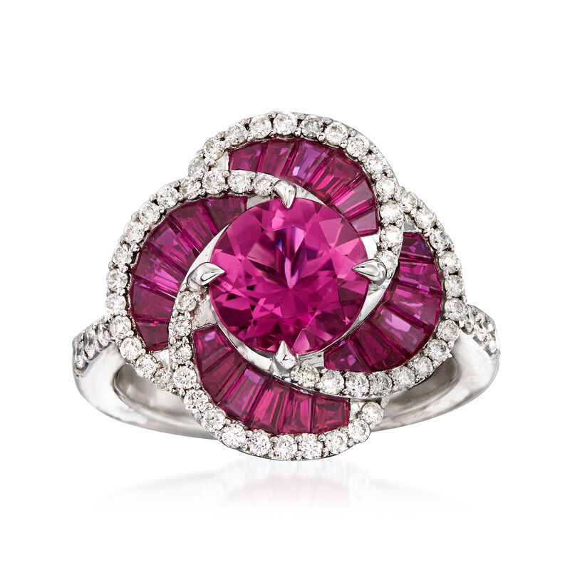 1.80 Carat Pink Tourmaline and 1.30 ct. t.w. Ruby with .53 ct. t.w. Diamond Ring in 14kt White Gold. Size 7 image number 0