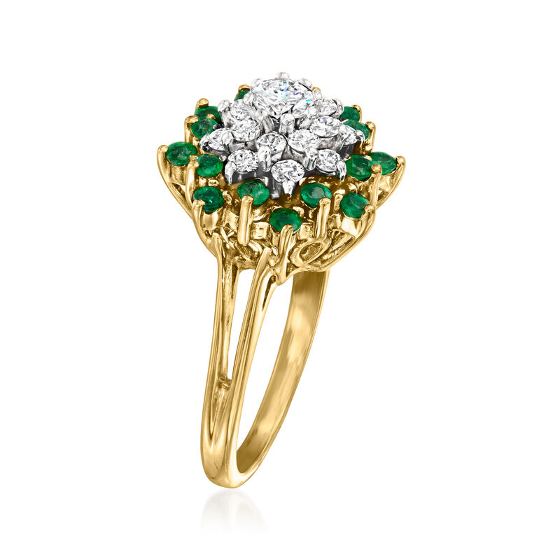 C. 1970 Vintage .70 ct. t.w. Diamond and .65 ct. t.w. Emerald Cluster Ring in 14kt Yellow Gold. Size 6 image number 2
