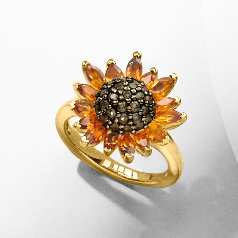 1.70 ct. t.w. Citrine and .80 ct. t.w. Smoky Quartz Sunflower Ring in 18kt Gold Over Sterling image number 5