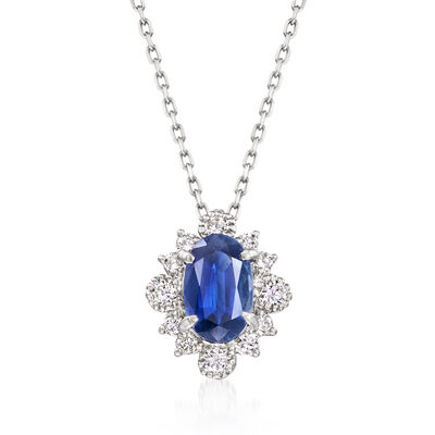 C. 1990 Vintage 2.30 Carat Oval Sapphire Necklace with .44 ct. t.w. Diamonds in Platinum