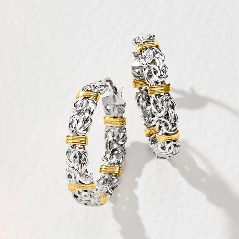 Sterling Silver and 14kt Yellow Gold Byzantine Station Hoop Earrings. 1&quot; image number 3