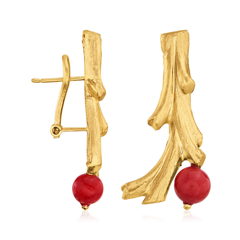 6-6.5mm Red Coral Bead Coral Branch Drop Earrings in 18kt Gold Over Sterling image number 2