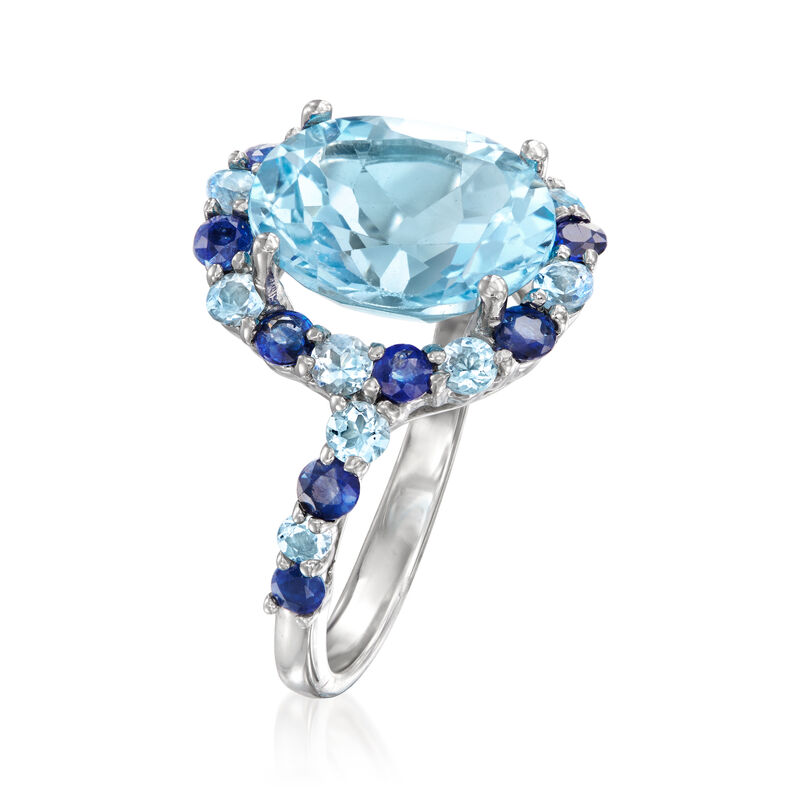 6.00 Carat Swiss Blue Topaz, 1.00 ct. t.w. Sapphire and .40 ct. t.w. Aquamarine Ring in 14kt White Gold image number 2