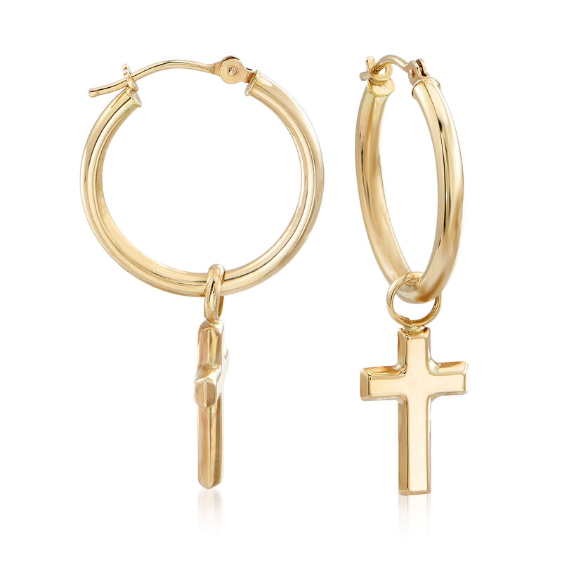 14kt Yellow Gold Cross Charm Hoop Earrings image number 0