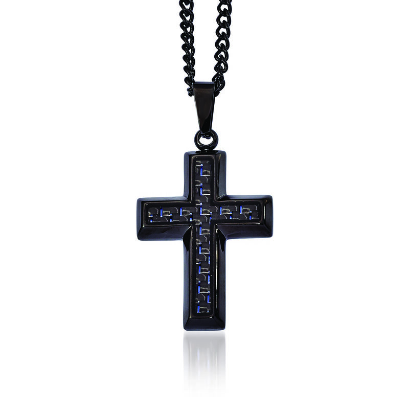 Men's Black Stainless Steel and Blue Carbon Fiber Inlay Cross Necklace. 24&quot; image number 0