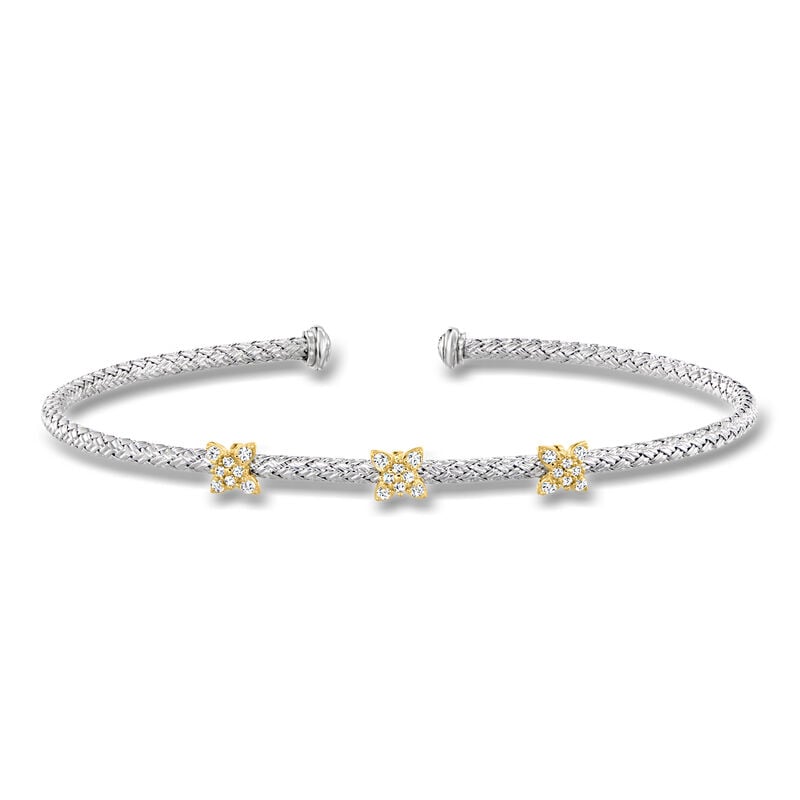 Charles Garnier .10 ct. t.w. CZ Butterfly Station Cuff Bracelet in Sterling Silver and 18kt Gold Over Sterling. 7.5" image number 0