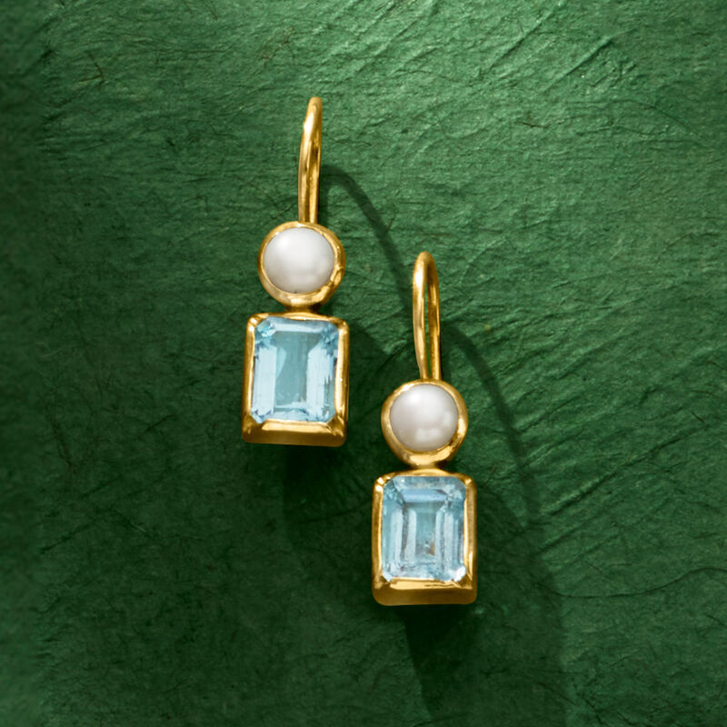 5mm Cultured Pearl and 3.40 ct. t.w. Sky Blue Topaz Drop Earrings in 18kt Gold Over Sterling image number 3
