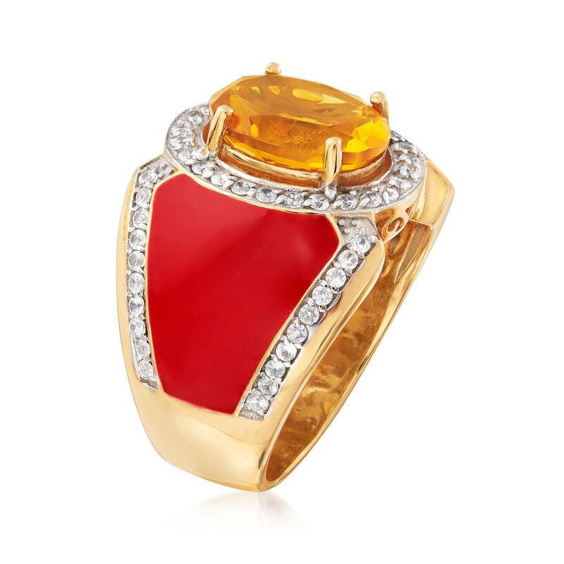 3.20 Carat Citrine and .30 ct. t.w. White Topaz Ring with Red Enamel in 18kt Gold Over Sterling image number 2