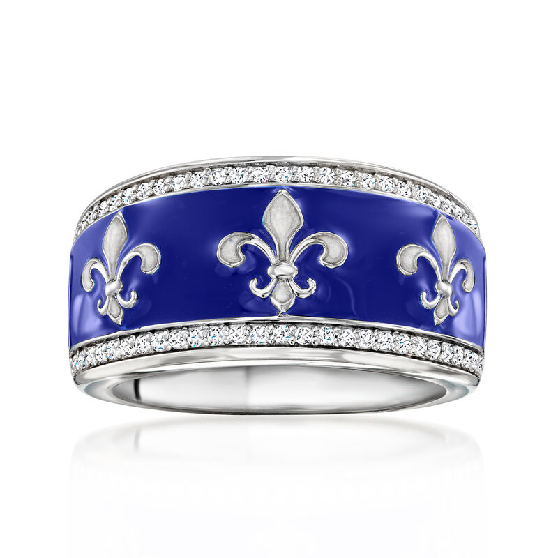 Belle Etoile "Versailles" Blue and White Enamel Ring with .20 ct. t.w. CZs in Sterling Silver image number 0