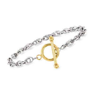 Sterling Silver and 18kt Gold Over Sterling Singapore-Chain Toggle Bracelet