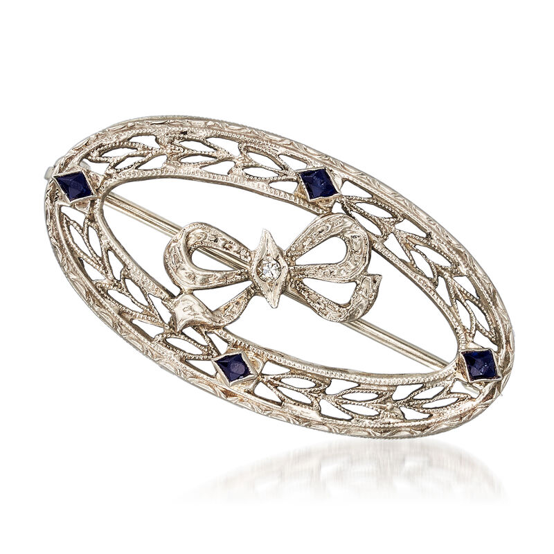 C. 1950 Vintage Blue Glass Bow Pin with Diamond Accent in 14kt White Gold image number 0