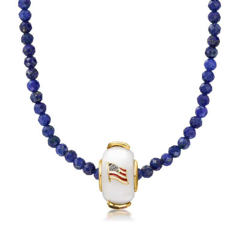 3-3.5mm Lapis Bead Necklace with White Jade and Multicolored Enamel American Flag Bead Charm in 18kt Gold Over Sterling. 18" image number 1