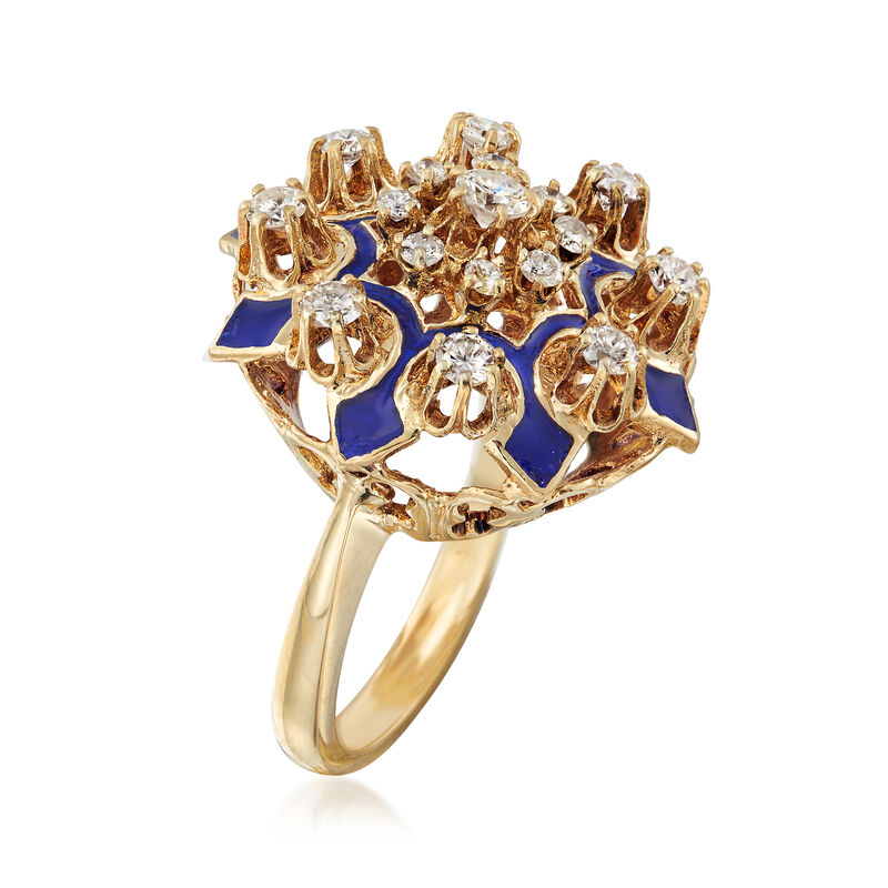 C. 1950 Vintage .90 ct. t.w. Diamond Cluster Ring with Blue Enamel in 14kt Yellow Gold. Size 6.5 image number 2