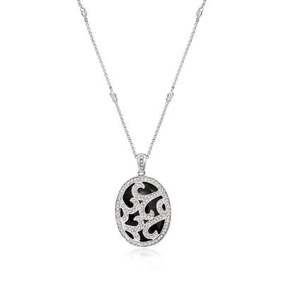 C. 2000 Vintage Onyx and .65 ct. t.w. Diamond Swirl Pendant Necklace in 14kt White Gold