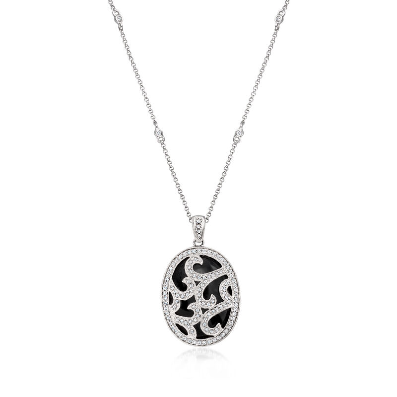 C. 2000 Vintage Onyx and .65 ct. t.w. Diamond Swirl Pendant Necklace in 14kt White Gold. 16" image number 0