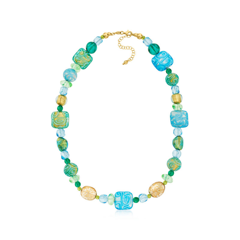 Italian Blue and Green Patterned Murano Glass Bead Necklace with 18kt Gold Over Sterling image number 2