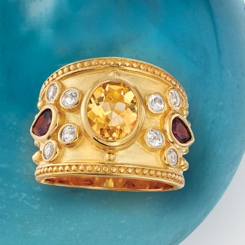 1.40 Carat Citrine and .80 ct. t.w. Rhodolite Garnet Ring with .60 ct. t.w. White Topaz in 18kt Gold Over Sterling image number 4