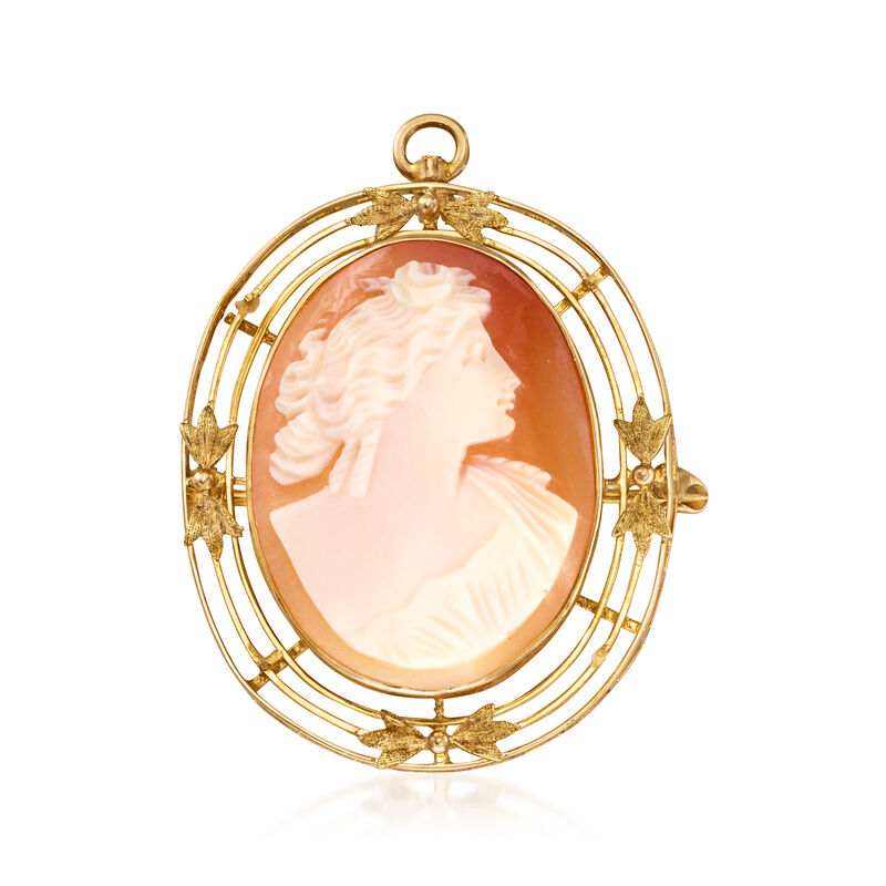 C. 1980 Vintage Brown Shell Cameo Pin/Pendant in 10kt Yellow Gold image number 0