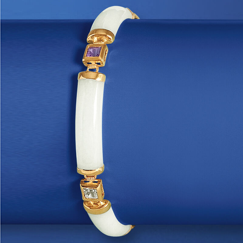 White Jade and 1.40 ct. t.w. Multi-Gemstone &quot;Good Fortune&quot; Bracelet in 18kt Gold Over Sterling image number 3