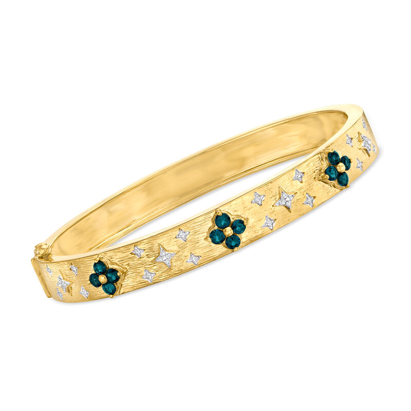 .80 ct. t.w. London Blue Topaz Floral Bangle Bracelet with .10 ct. t.w. Diamonds in 18kt Gold Over Sterling image number 0