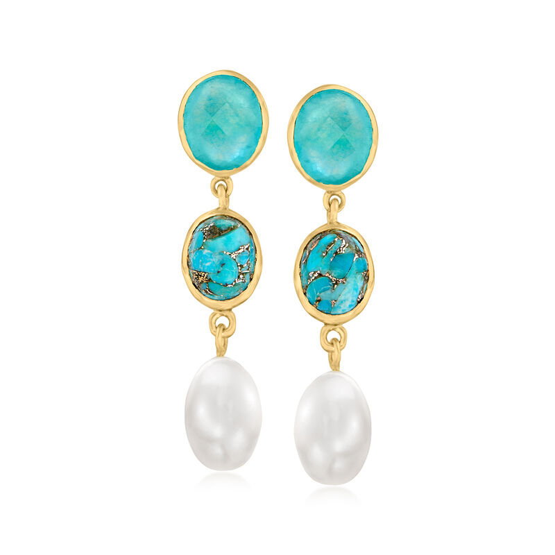 Cultured Pearl, Turquoise and 5.75 ct. t.w. Green Quartz Drop Earrings in 18kt Gold Over Sterling image number 0