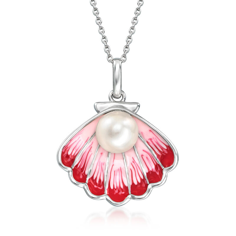 8-8.5mm Cultured Pearl and Multicolored Enamel Seashell Pendant Necklace in Sterling Silver. 18&quot; image number 1