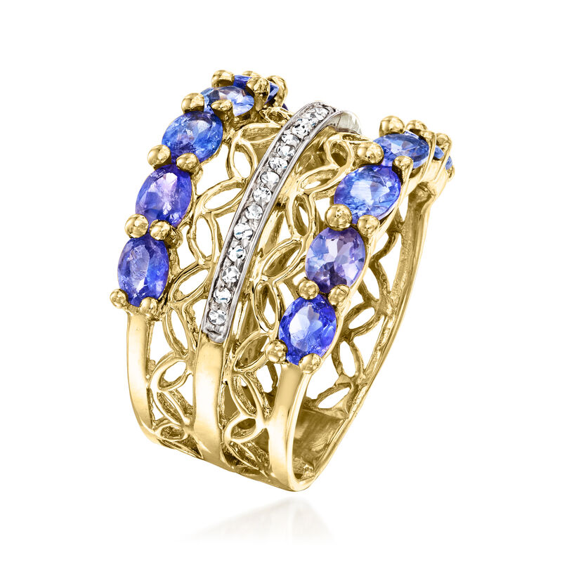 C. 1990 Vintage 2.10 ct. t.w. Tanzanite and .10 ct. t.w. Diamond Multi-Row Ring in 14kt Yellow Gold. Size 6 image number 2