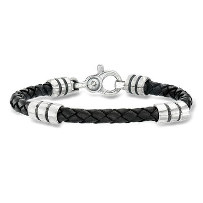 Zina Sterling Silver Men's "Stratus" Braided Black Leather Bracelet
