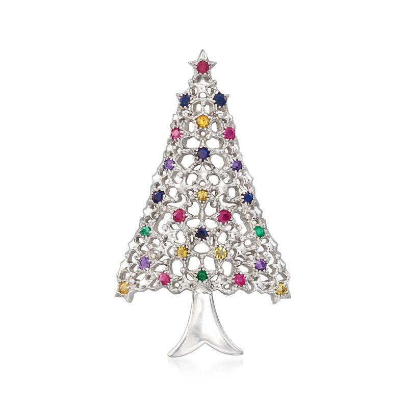 .80 ct. t.w. Multi-Gemstone Christmas Tree Pin in Sterling Silver  image number 0