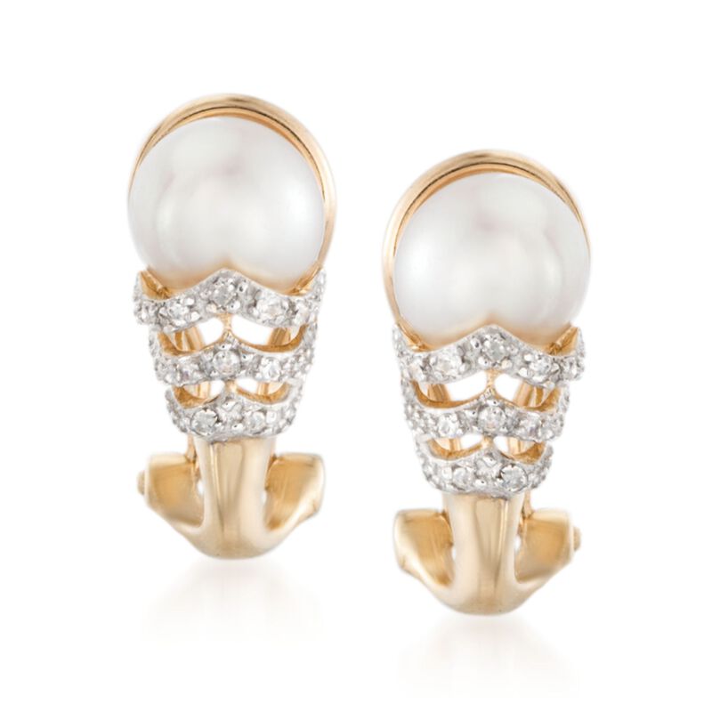6.5-7mm Cultured Pearl Earrings with Diamond Accents in 14kt Yellow Gold image number 0