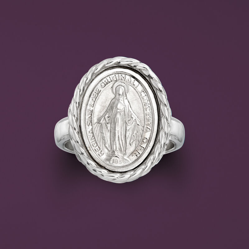 Italian Sterling Silver Miraculous Medal Oval Ring image number 3