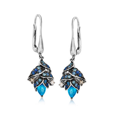 Le Vian .80 ct. t.w. Blue Topaz and .40 ct. t.w. Blueberry Sapphire Floral Drop Earrings with Chocolate and Vanilla Diamonds in 14kt Vanilla Gold