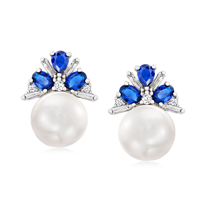 9.5-10mm Cultured Button Pearl, 1.60 ct. t.w. Simulated Sapphire and .16 ct. t.w. CZ Earrings in Sterling Silver image number 0